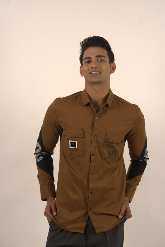 Brown Cotton Designer Semi Formal Shirt