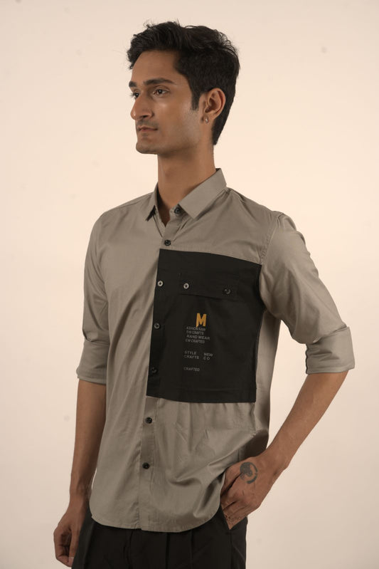 Grey Cotton Shirt With Chest Patch Design