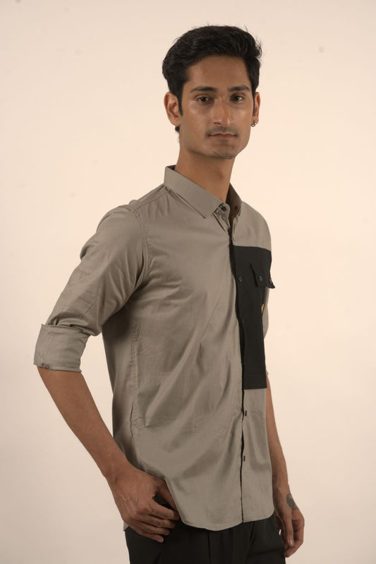 Grey Cotton Shirt With Chest Patch Design